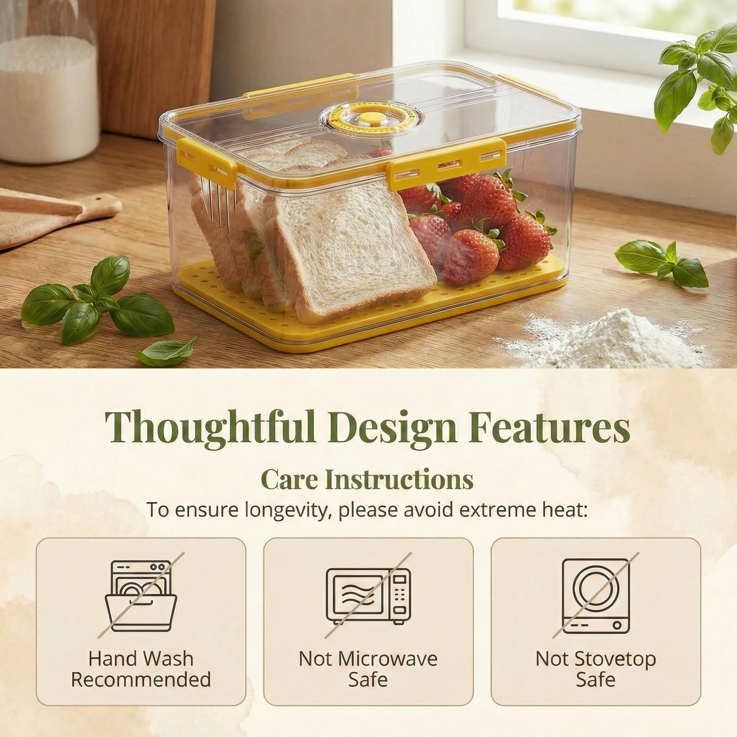 Airtight Bread Box, Portable Kitchen Storage Bin with Date Reminder Lid, Ideal for Storing Bread, Toast, Bagels, Pastries and Fruits on Countertop (Yellow)