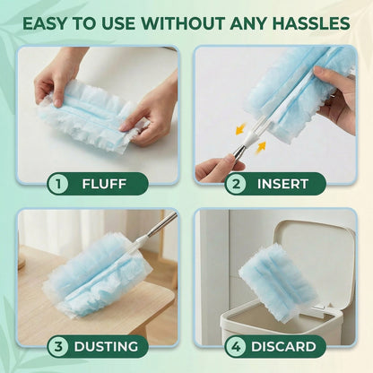 61-Count Disposable Duster Refills with 43" Extendable Handle - Layered Microfiber for Furniture, Blinds, Ceiling Fans & Hard-to-Reach Spaces