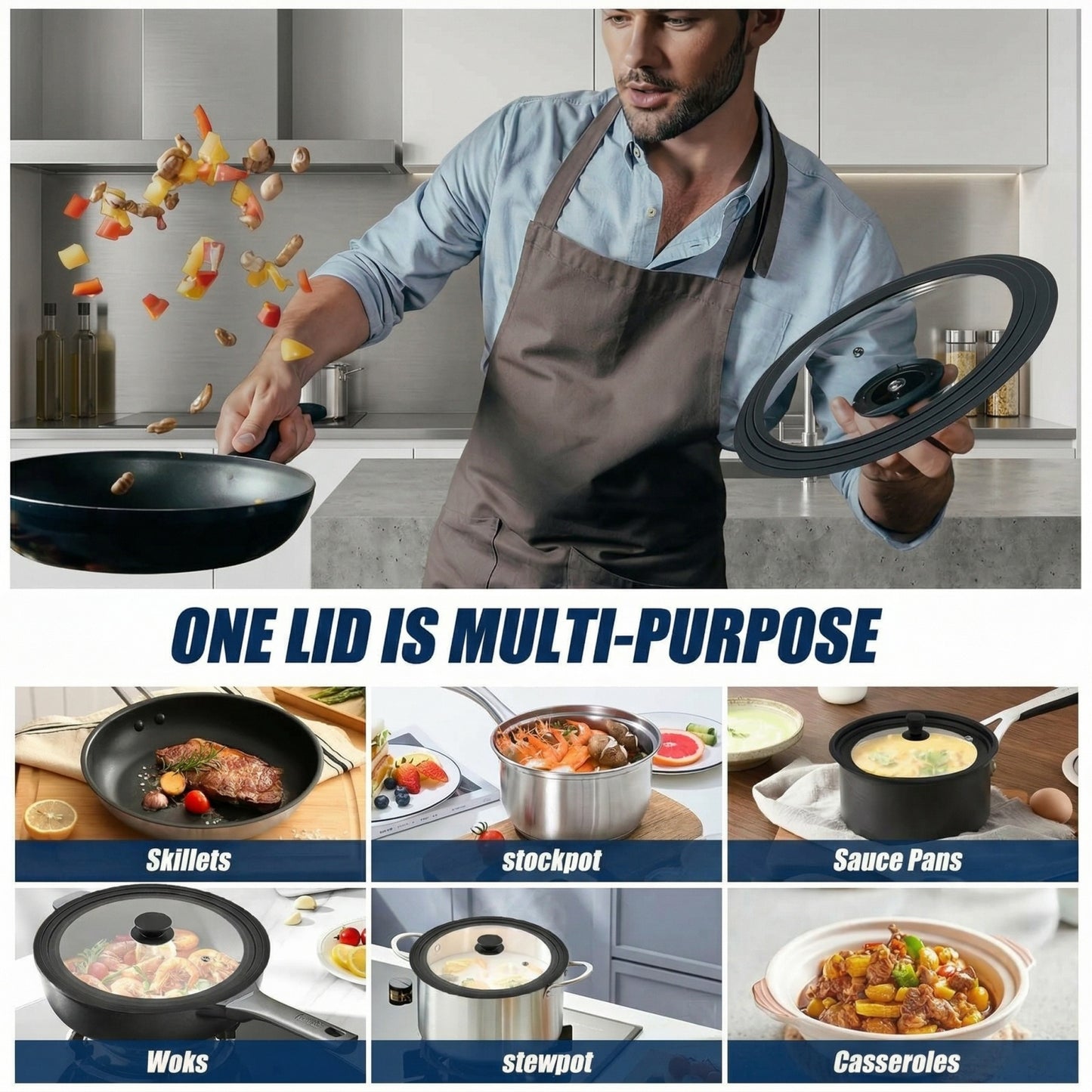 9.5-12 Inch Universal Pot Lid with Vertical Stand - Tempered Glass & Silicone Rim Fits Multiple Pan Sizes, Interchangeable Handle, Heat-Tolerant to 350°F