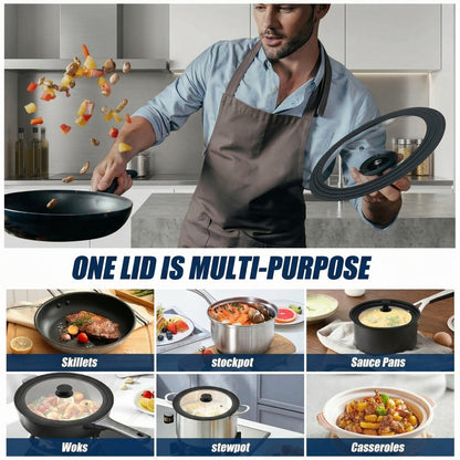 9.5-12 Inch Universal Pot Lid with Vertical Stand - Tempered Glass & Silicone Rim Fits Multiple Pan Sizes, Interchangeable Handle, Heat-Tolerant to 350°F