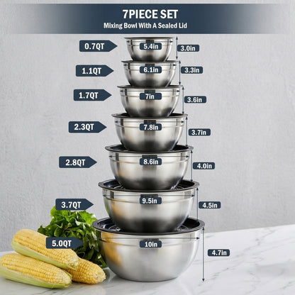 21-Piece Stainless Steel Mixing Bowl Set with Lids — 7 Nesting Sizes (0.7/1/1.5/2/2.5/3.5/4.2 QT ), Kitchen Gadgets Included, Secure-Fit Covers