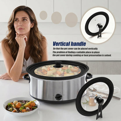 9.5-12 Inch Universal Pot Lid with Vertical Stand - Tempered Glass & Silicone Rim Fits Multiple Pan Sizes, Interchangeable Handle, Heat-Tolerant to 350°F