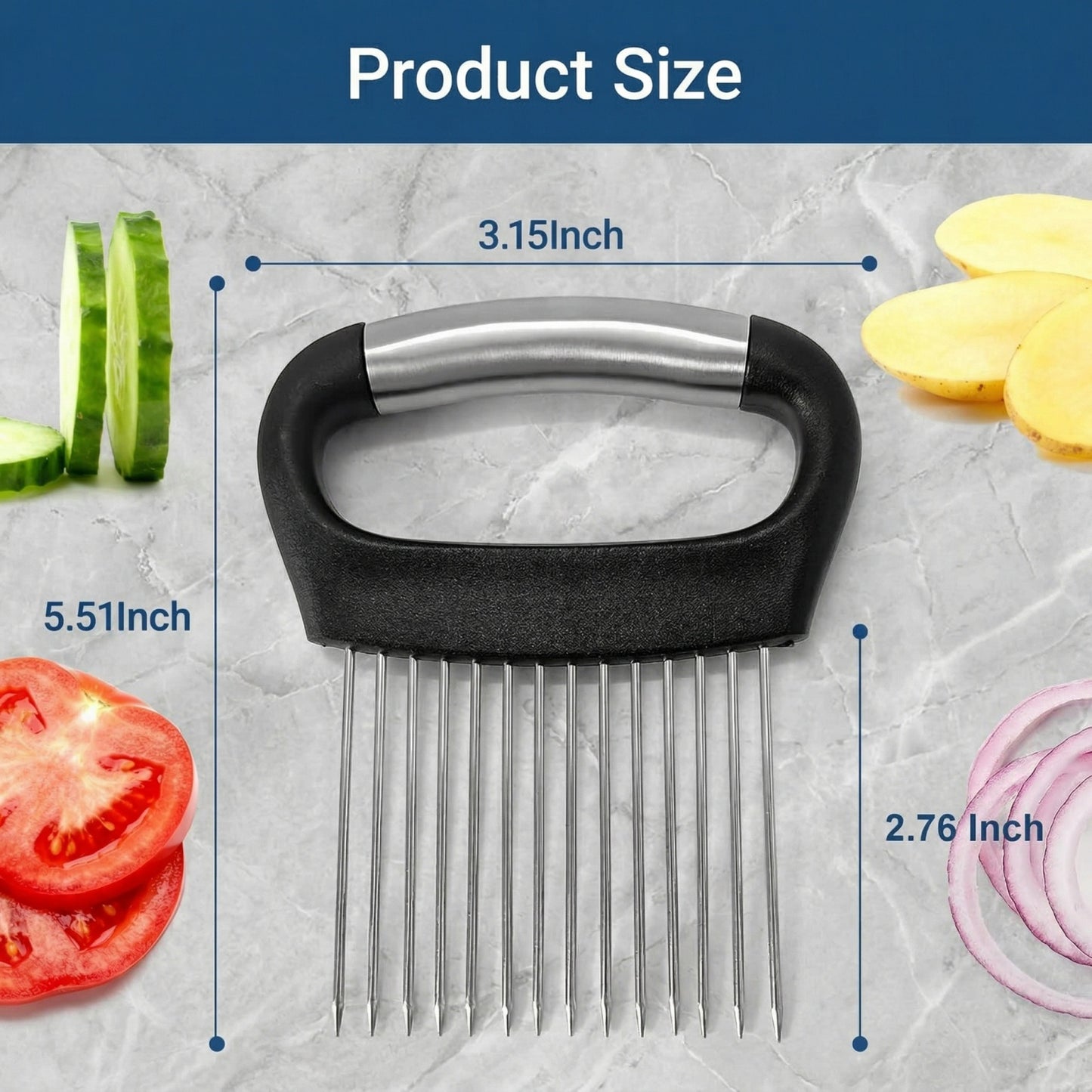 Stainless Steel Onion Slicing Holder - Kitchen Tool for Even Cuts on Potatoes, Tomatoes, Lemons & Round Vegetables, Secure-Grip Design