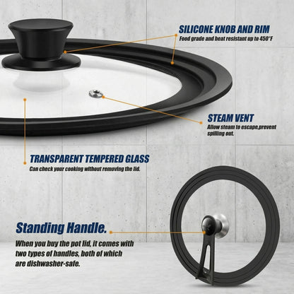9.5-12 Inch Universal Pot Lid with Vertical Stand - Tempered Glass & Silicone Rim Fits Multiple Pan Sizes, Interchangeable Handle, Heat-Tolerant to 350°F