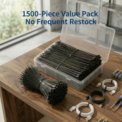 1500-Count Black Cable Ties 8 Inch - Heavy-Duty Nylon Zip Ties for Indoor/Outdoor Use, Weather-Resistant Wire Organizer for Home, Garden & Holiday Decor