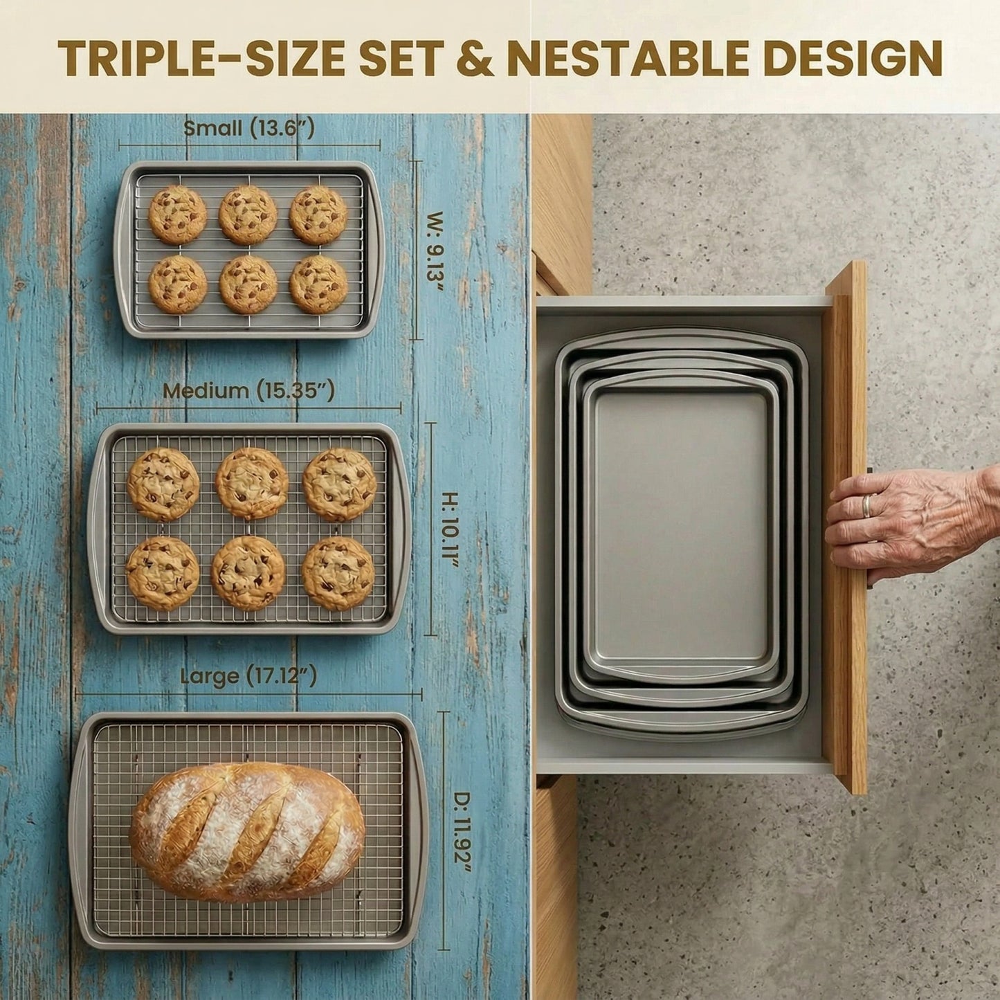 6-Piece Baking Sheet Set with Cooling Racks – 3 Nonstick Carbon Steel Trays (13/15/17 Inch) & 3 Stackable Wire Grids
