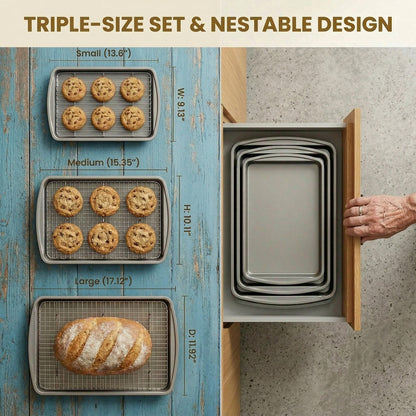 6-Piece Baking Sheet Set with Cooling Racks – 3 Nonstick Carbon Steel Trays (13/15/17 Inch) & 3 Stackable Wire Grids