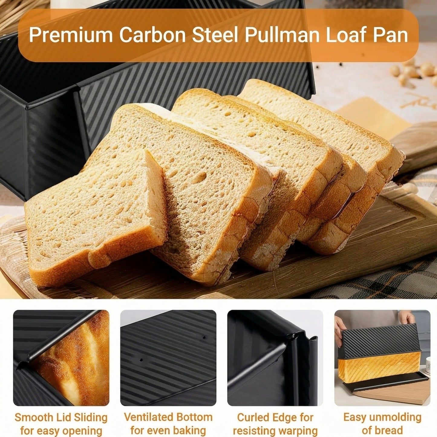 2.2lb Loaf Pan with Lid – 13x4 Inch Nonstick Carbon Steel, for Sandwich Bread & Sourdough, Black