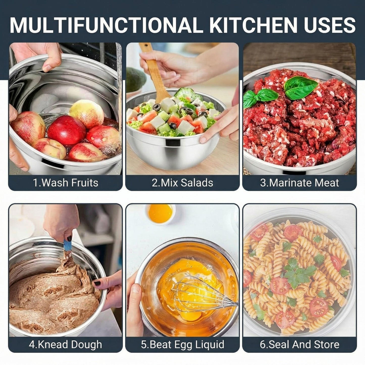 21-Piece Stainless Steel Mixing Bowl Set with Lids — 7 Nesting Sizes (0.7/1/1.5/2/2.5/3.5/4.2 QT ), Kitchen Gadgets Included, Secure-Fit Covers
