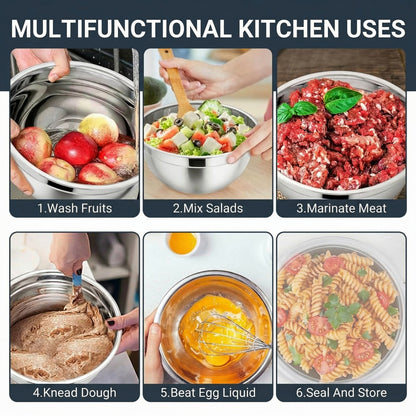 21-Piece Stainless Steel Mixing Bowl Set with Lids — 7 Nesting Sizes (0.7/1/1.5/2/2.5/3.5/4.2 QT ), Kitchen Gadgets Included, Secure-Fit Covers
