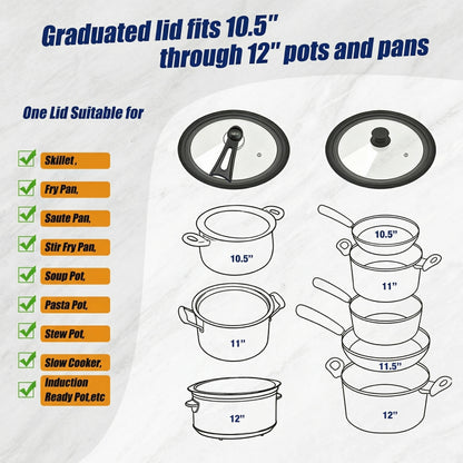 9.5-12 Inch Universal Pot Lid with Vertical Stand - Tempered Glass & Silicone Rim Fits Multiple Pan Sizes, Interchangeable Handle, Heat-Tolerant to 350°F