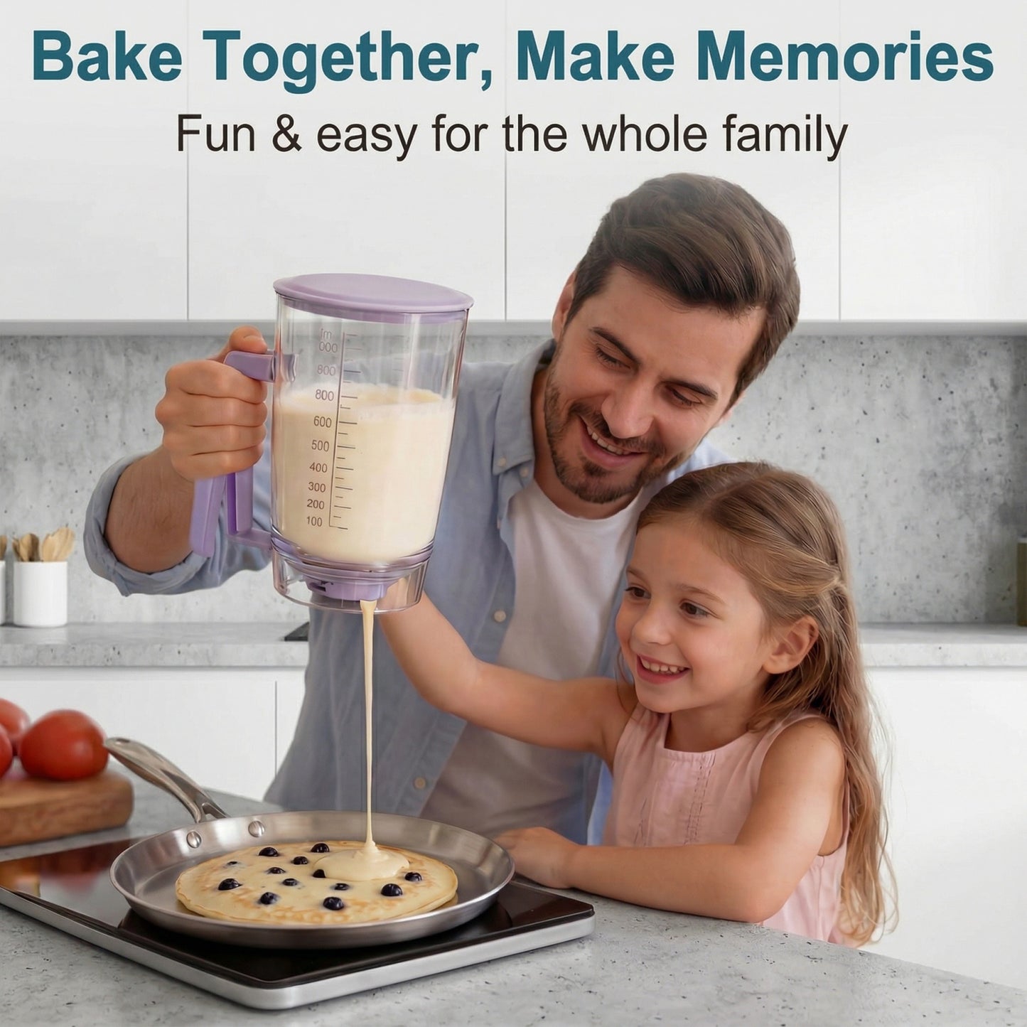 Squeeze-Handle Pancake Batter Dispenser with Measurement Scale - 4-Cup Portion Control Tool for Waffles, Cupcakes & Crepes, Easy-Clean Baking Accessory
