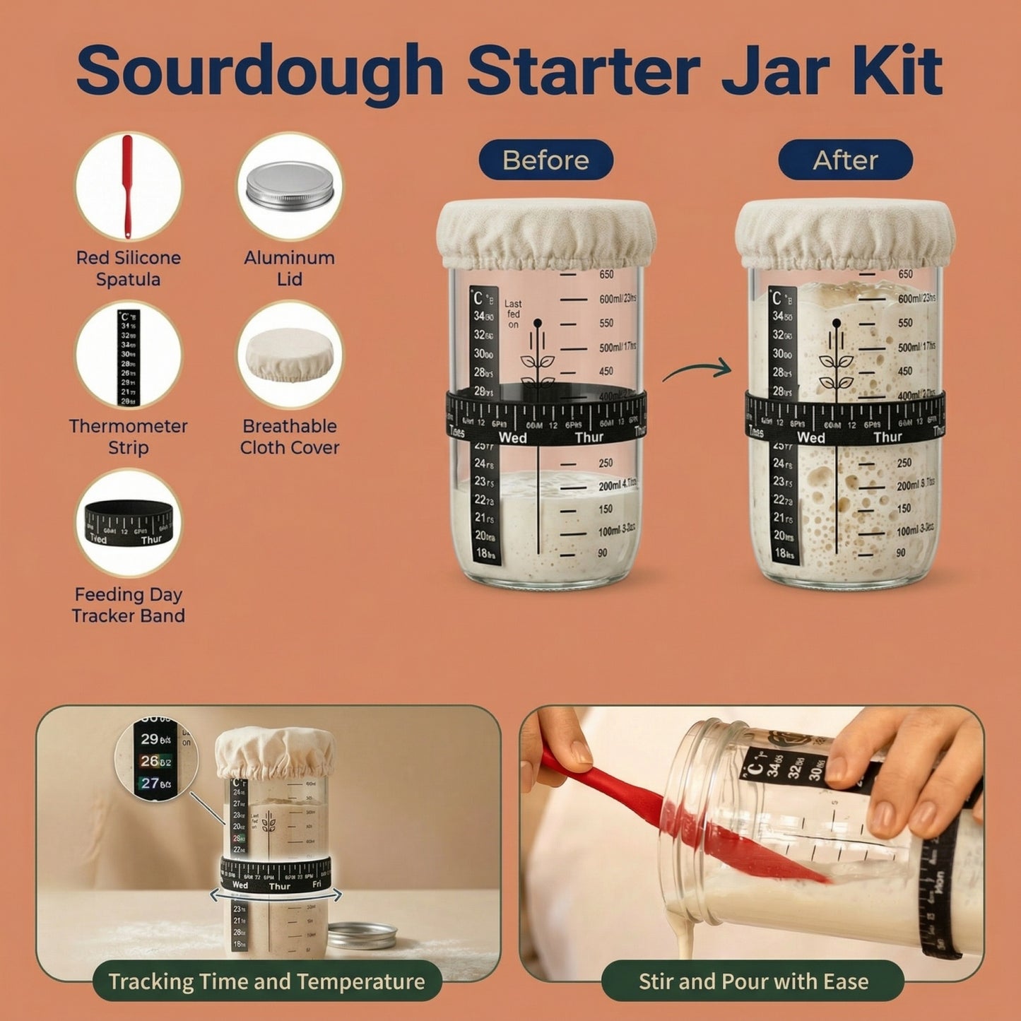Complete Sourdough Starter Kit - 9" Rattan Banneton Basket, 24oz Glass Fermentation Jar with Thermometer, Full Bread Baking Tool Set for Beginners