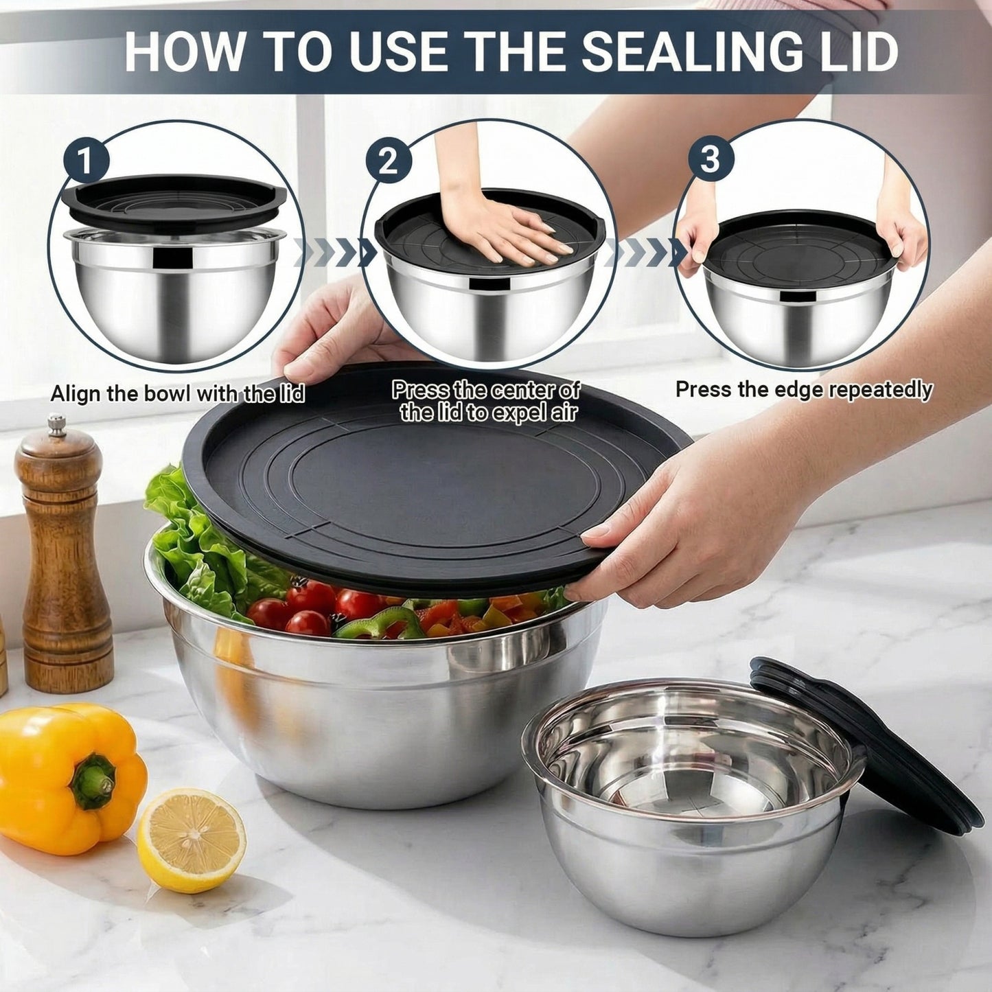 21-Piece Stainless Steel Mixing Bowl Set with Lids — 7 Nesting Sizes (0.7/1/1.5/2/2.5/3.5/4.2 QT ), Kitchen Gadgets Included, Secure-Fit Covers