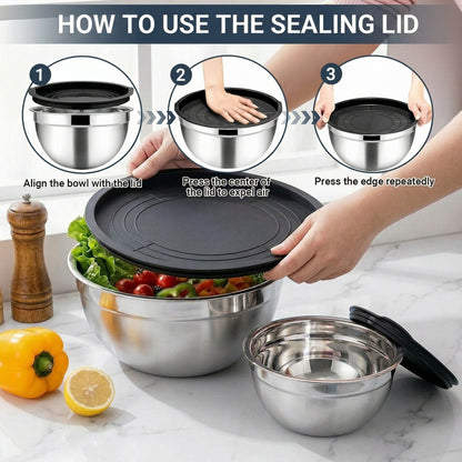 21-Piece Stainless Steel Mixing Bowl Set with Lids — 7 Nesting Sizes (0.7/1/1.5/2/2.5/3.5/4.2 QT ), Kitchen Gadgets Included, Secure-Fit Covers