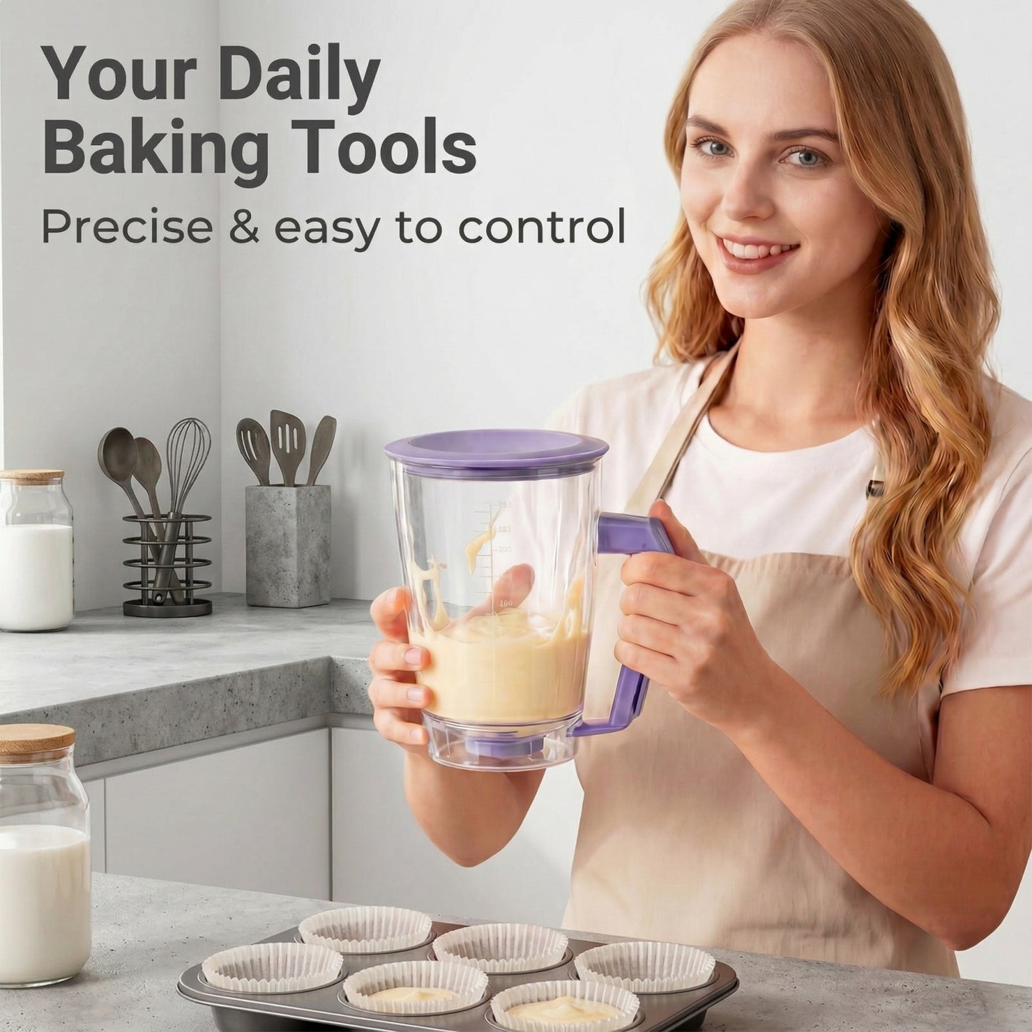 Squeeze-Handle Pancake Batter Dispenser with Measurement Scale - 4-Cup Portion Control Tool for Waffles, Cupcakes & Crepes, Easy-Clean Baking Accessory