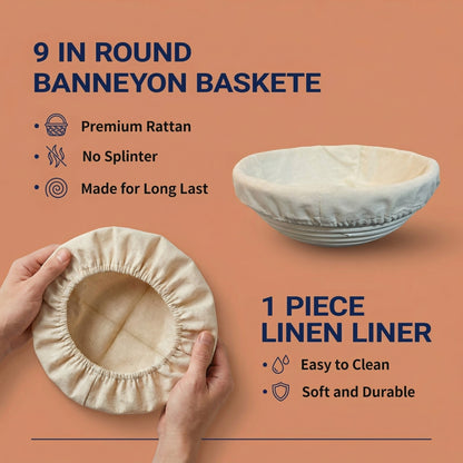 Complete Sourdough Starter Kit - 9" Rattan Banneton Basket, 24oz Glass Fermentation Jar with Thermometer, Full Bread Baking Tool Set for Beginners