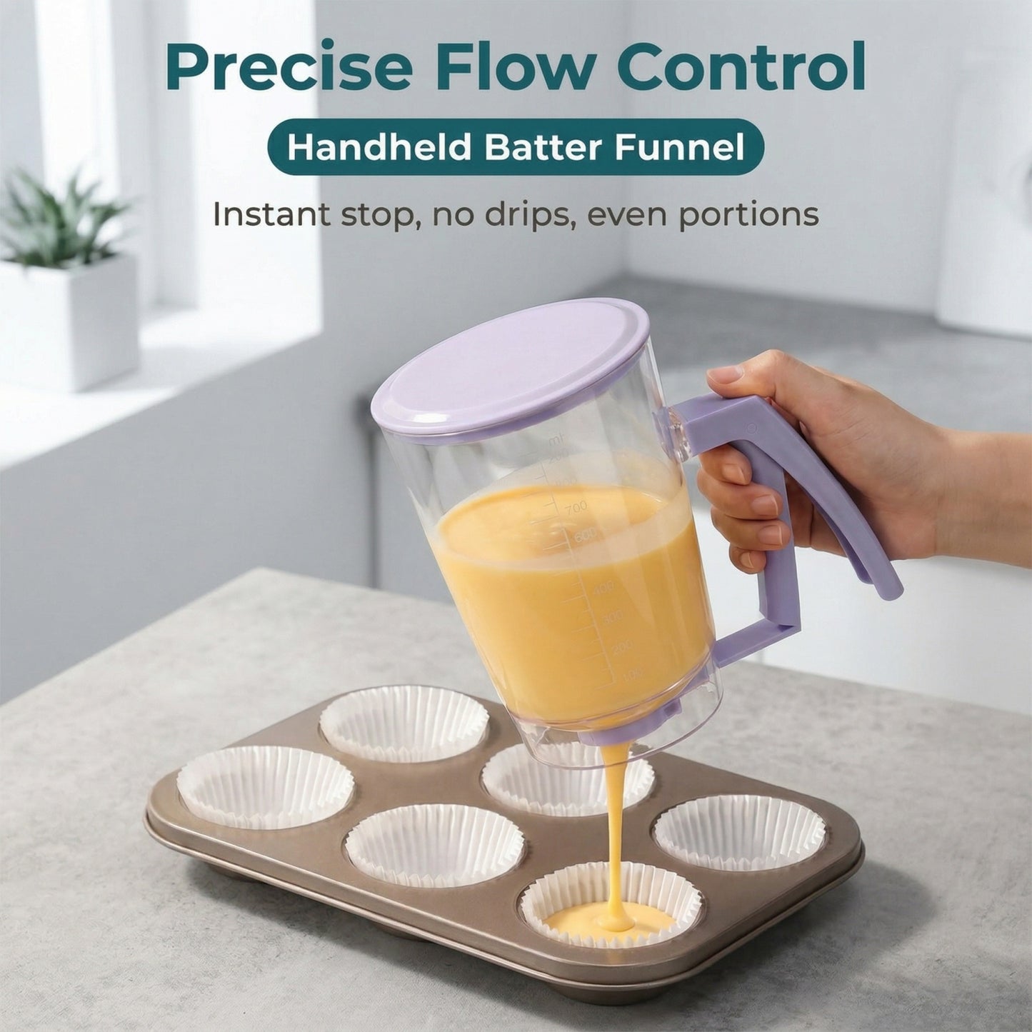 Squeeze-Handle Pancake Batter Dispenser with Measurement Scale - 4-Cup Portion Control Tool for Waffles, Cupcakes & Crepes, Easy-Clean Baking Accessory
