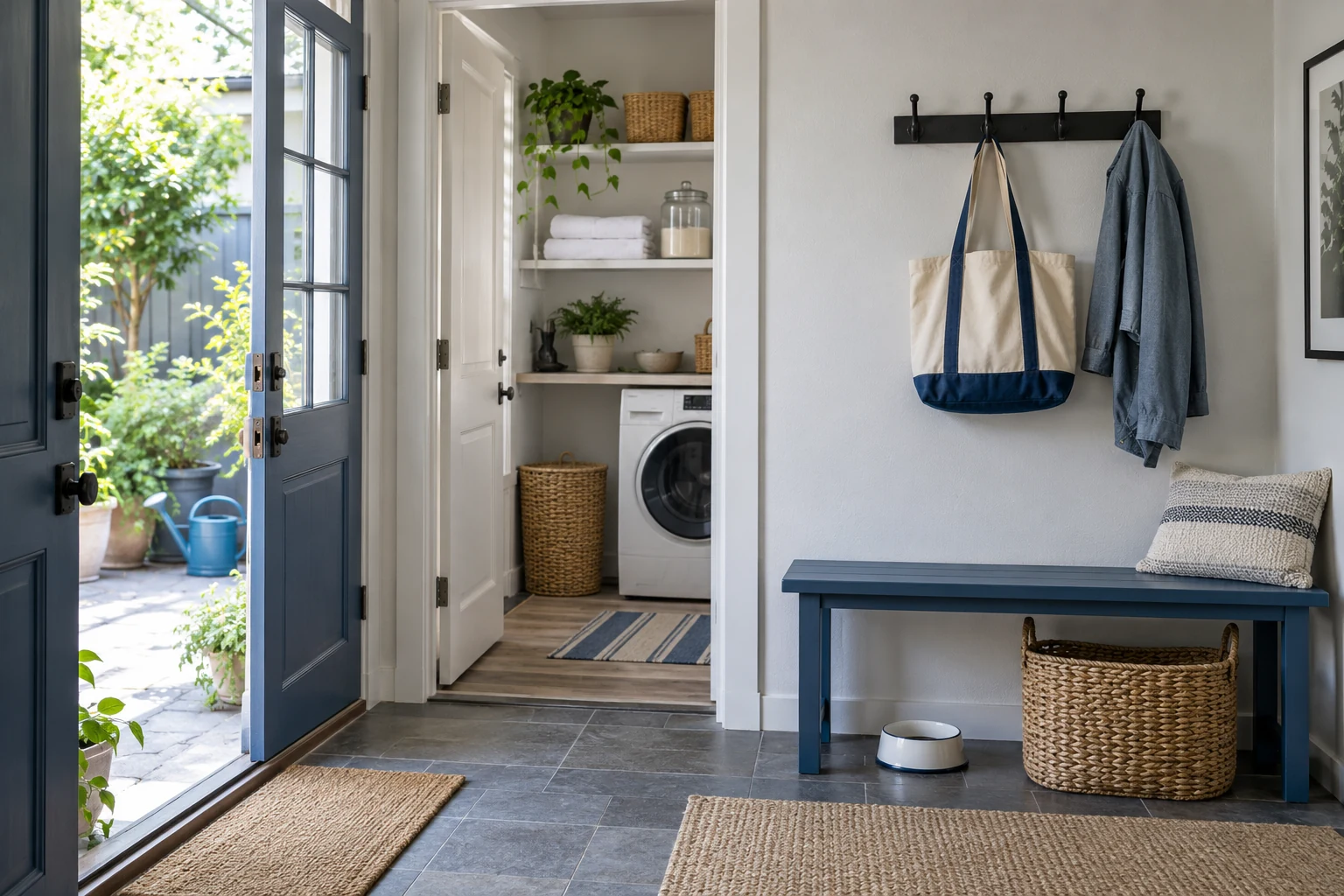 A blue bench, laundry storage, a pet bowl and garden essentials in a bright entryway