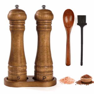 Wooden Salt and Pepper Grinder Set, Refillable Salt & Pepper Mill with Tray & Spoons, Adjustable Rubber Wood Salt & Pepper Shakers Holder with Ceramic Grinder