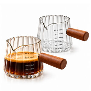 2 Pack Espresso Measuring Cup 6 Oz, Glass Espresso Cup with Wood Handle, Espresso Shot Glass for Coffee Milk Tea, Glass Measuring Cup Milk Frothing Cup for Barista Serving