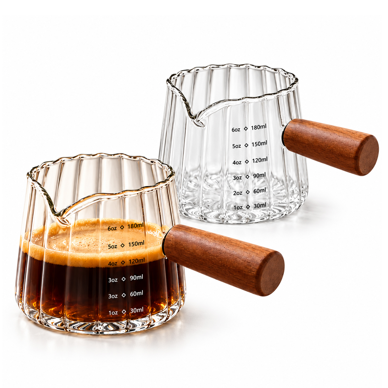 2 Pack Espresso Measuring Cup 6 Oz, Glass Espresso Cup with Wood Handle, Espresso Shot Glass for Coffee Milk Tea, Glass Measuring Cup Milk Frothing Cup for Barista Serving