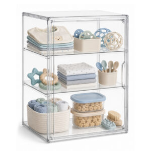 Clear Baby Bottle Storage Organizer, 3-Tier Acrylic Countertop Cabinet Organizer with Adjustable Shelves, Removable Dividers and Magnetic Door