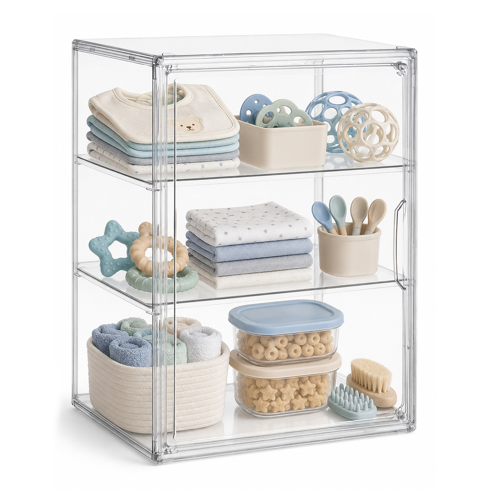 Clear Baby Bottle Storage Organizer, 3-Tier Acrylic Countertop Cabinet Organizer with Adjustable Shelves, Removable Dividers and Magnetic Door