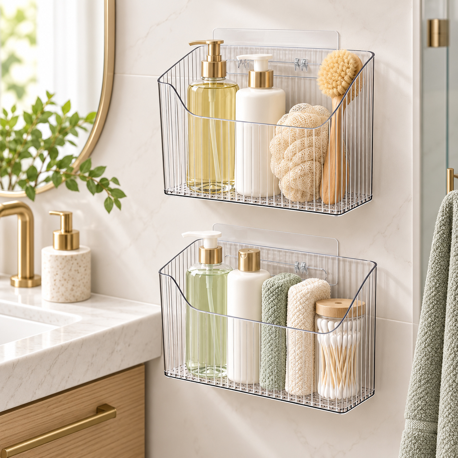 2 Pack Adhesive Cabinet Door Organizer, Clear Wall Shower Caddy Storage Basket for Bathroom Kitchen and Home Organization