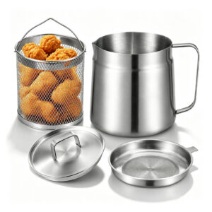 68oz 304 Stainless Steel Deep Fryer Pot with Basket & Strainer, 2L Oil Strainer Pot for Frying, Filtering and Storage, Deep Frying Pot for Kitchen and Camping