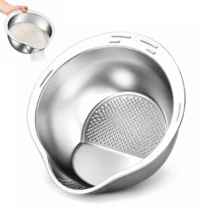Rice Washer Strainer Bowl, Stainless Steel Rice Washing Bowl with Side Drain for Rice, Quinoa, Grains, Beans, Fruits and Vegetables, Versatile Kitchen Tool