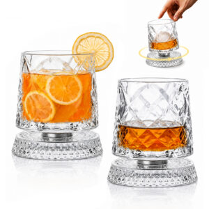 360° Spinning Whiskey Glasses Set of 2, 10 oz Clear Glass Old Fashioned Rocks Glasses with Vintage Grid Cut Pattern for Bourbon, Scotch and Cocktails