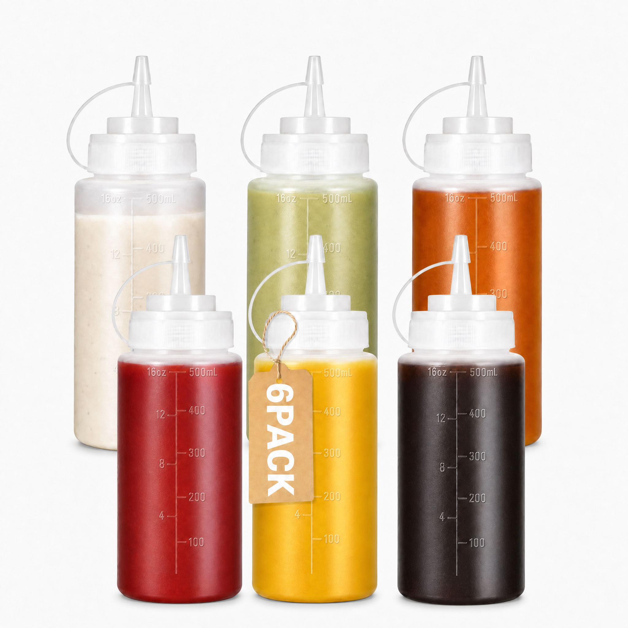 6 Pack 16 oz Condiment Squeeze Bottles for Sauces and Oil, Plastic Sauce Squeeze Bottle for Ketchup, Mustard, Mayo, Pancake Batter and Kitchen Condiments, Translucent