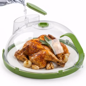 10‘’ Microwave Splatter Cover for Food with Water Steamer — Clear Polycarbonate Food Cover with Handle, BPA-Free