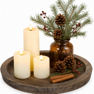 Round Wooden Candle Holder Tray, 11 Inch Decorative Wood Tray for Coffee Table, Farmhouse Candle Plate for Table Centerpiece and Home Decor