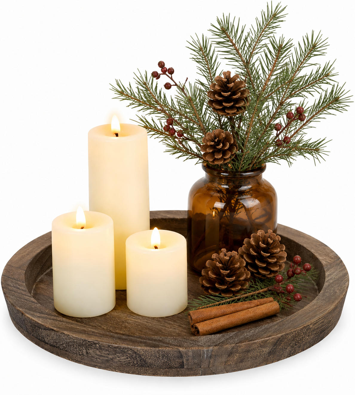 Round Wooden Candle Holder Tray, 11 Inch Decorative Wood Tray for Coffee Table, Farmhouse Candle Plate for Table Centerpiece and Home Decor