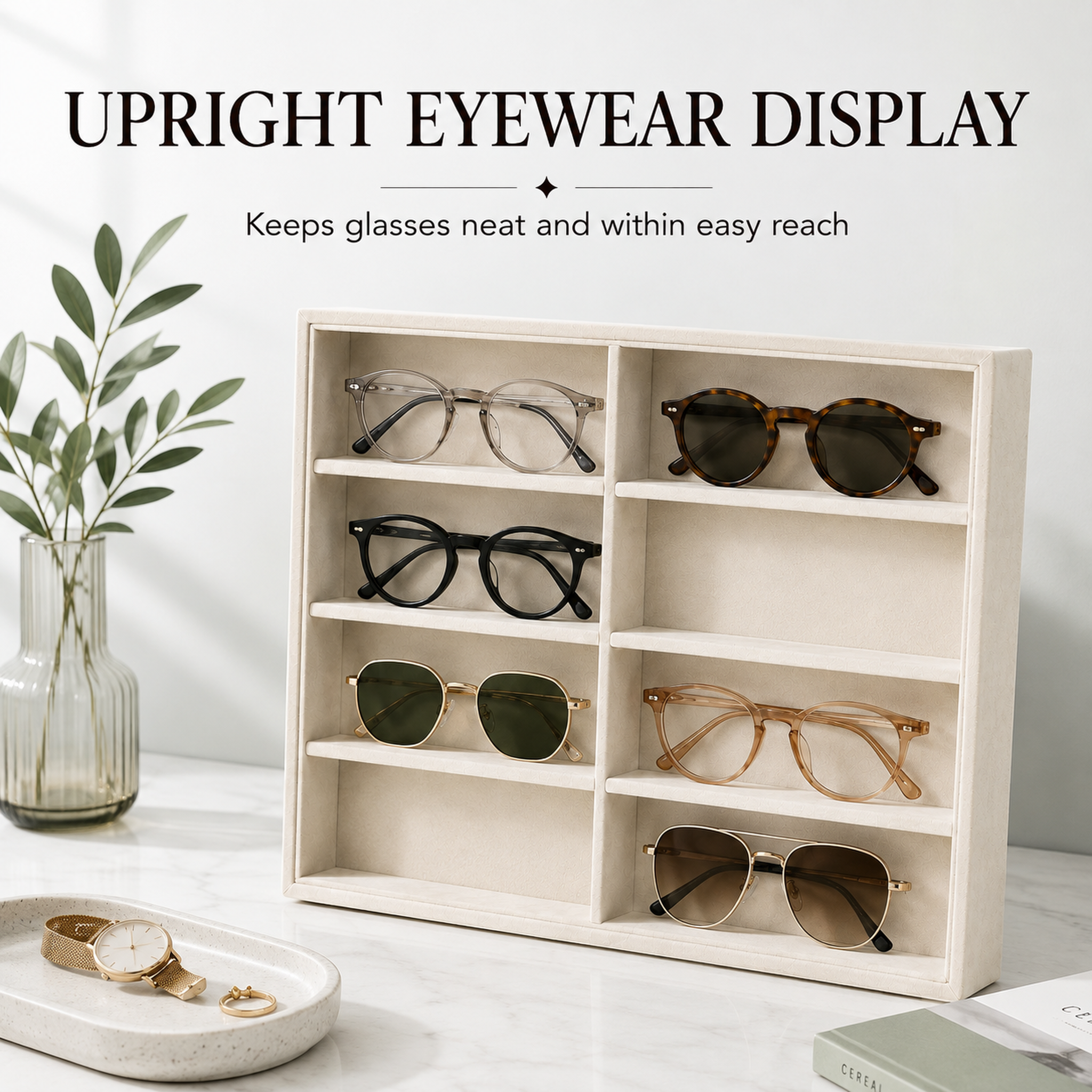 8-Slot Sunglass Organizer Tray, Beige Velvet Glasses Organizer for Drawer, Sunglasses Storage and Eyeglass Storage Display Holder for Jewelry, Dresser or Closet - Image 2