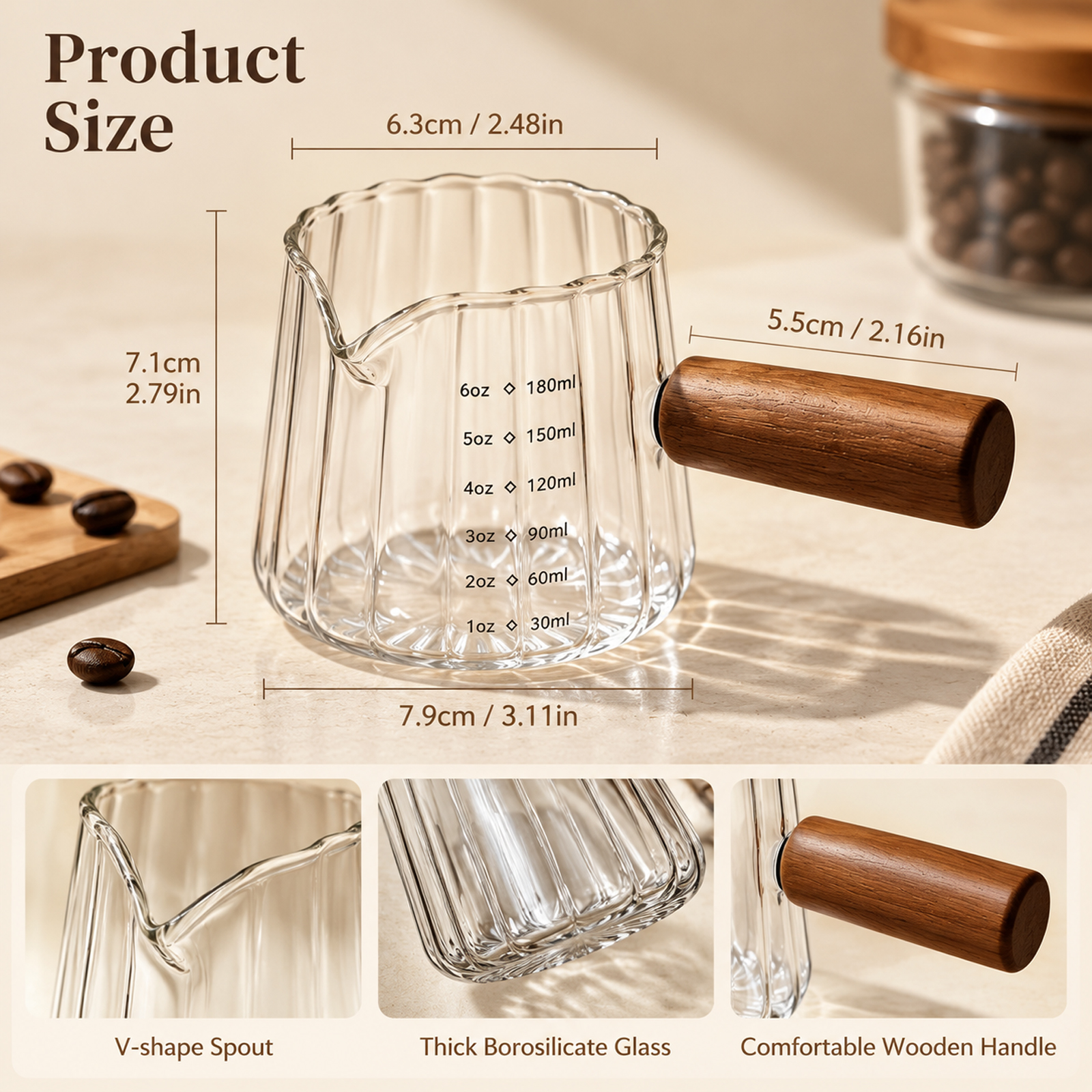 2 Pack Espresso Measuring Cup 6 Oz, Glass Espresso Cup with Wood Handle, Espresso Shot Glass for Coffee Milk Tea, Glass Measuring Cup Milk Frothing Cup for Barista Serving - Image 2