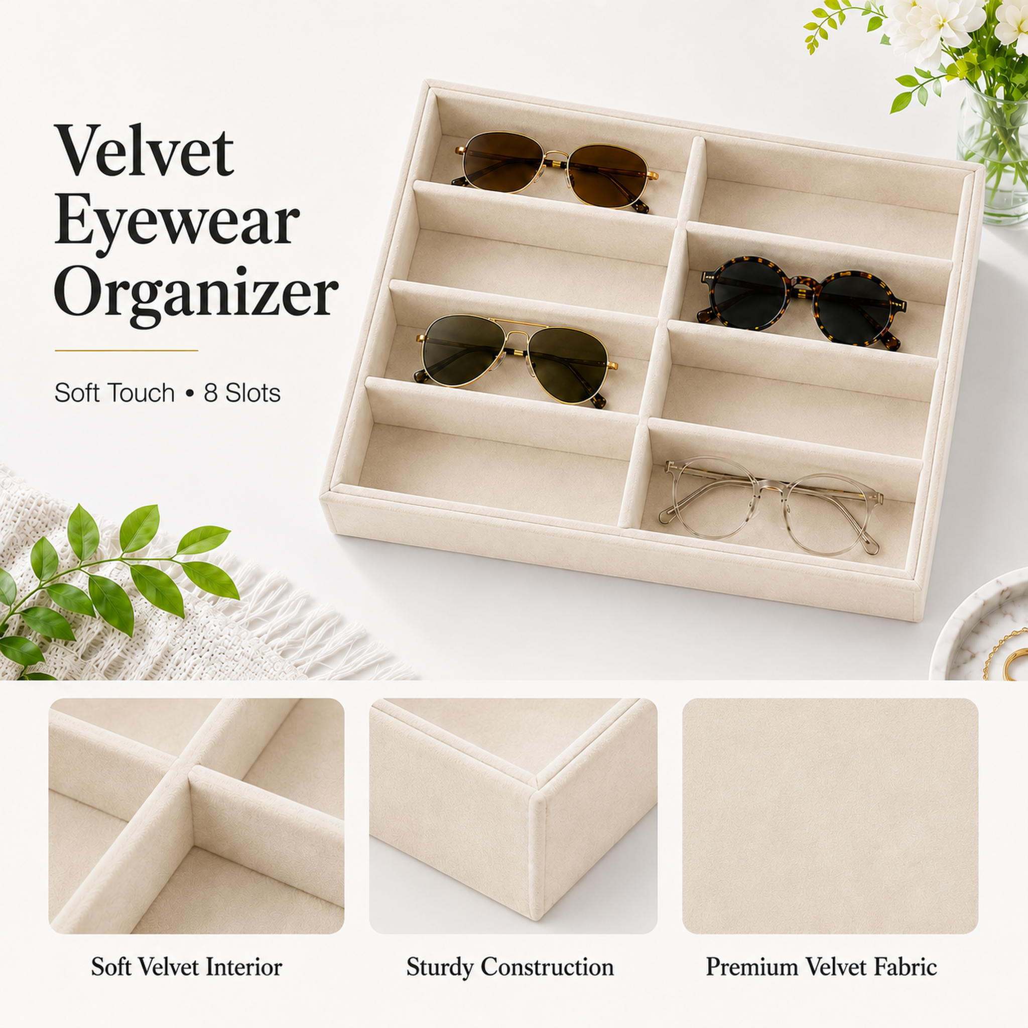 8-Slot Sunglass Organizer Tray, Beige Velvet Glasses Organizer for Drawer, Sunglasses Storage and Eyeglass Storage Display Holder for Jewelry, Dresser or Closet - Image 3