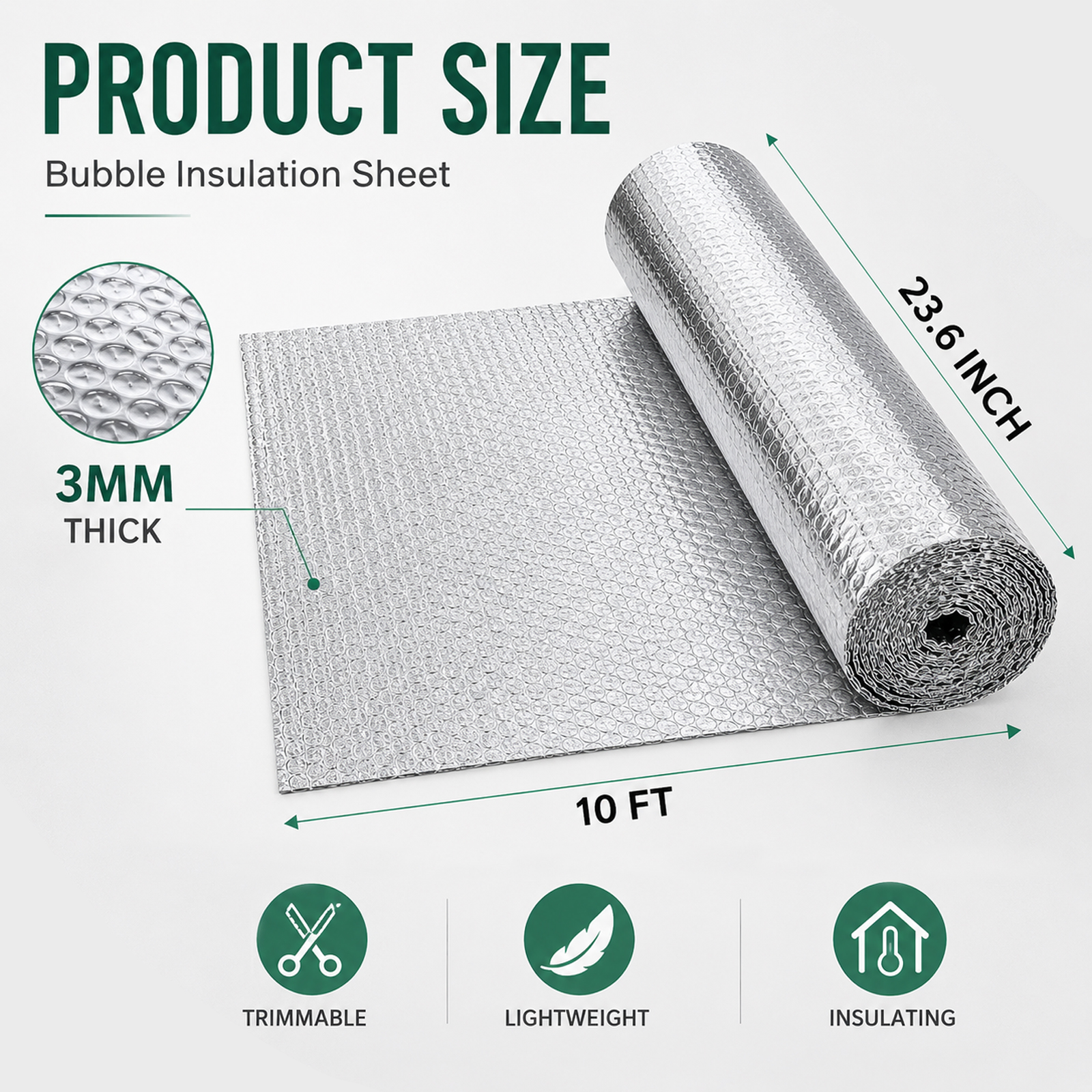 Reflective Bubble Insulation, 23.6 in x 10 ft 3 mm Reflective Insulation Roll, Double-Sided Foil Bubble Barrier with Tape, Silver - Image 2