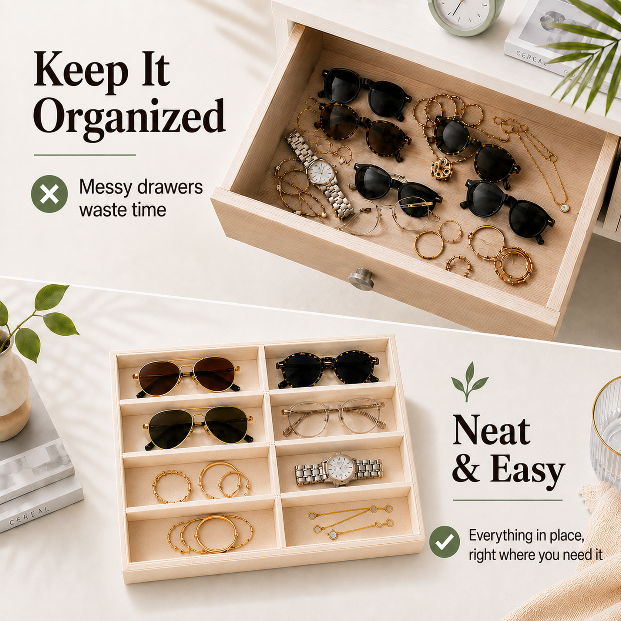8-Slot Sunglass Organizer Tray, Beige Velvet Glasses Organizer for Drawer, Sunglasses Storage and Eyeglass Storage Display Holder for Jewelry, Dresser or Closet - Image 4
