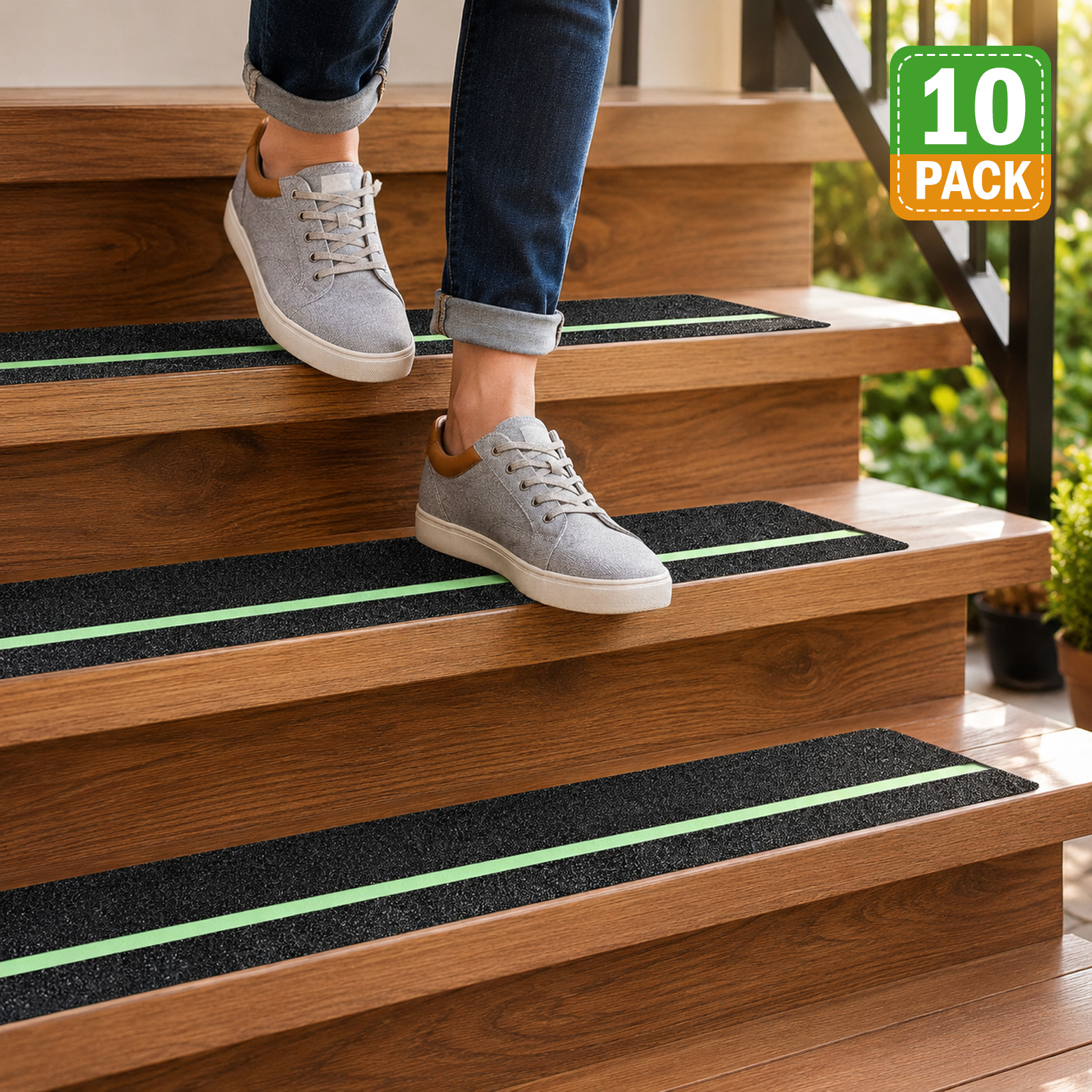 10 Pack 6 x 32 in Glow-in-the-Dark Grip Tape for Stairs, Anti Slip Tape with Abrasive Traction, Non Slip Stair Treads for Indoor Outdoor Steps, PET Backing, Peel-and-Stick