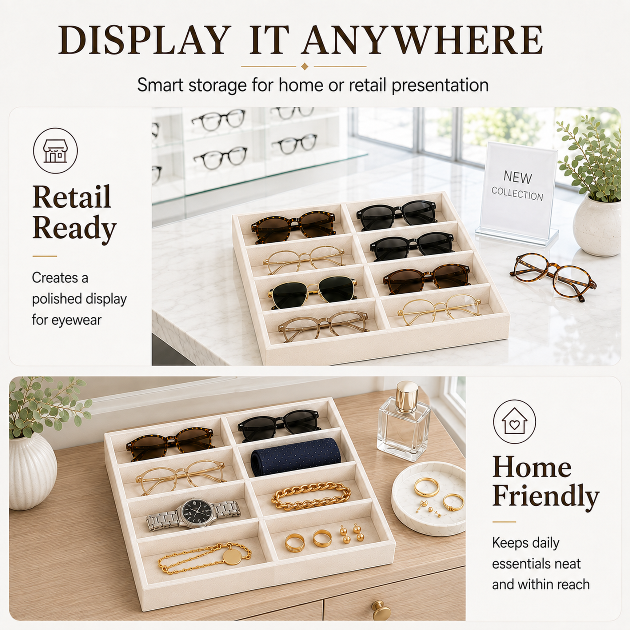 8-Slot Sunglass Organizer Tray, Beige Velvet Glasses Organizer for Drawer, Sunglasses Storage and Eyeglass Storage Display Holder for Jewelry, Dresser or Closet - Image 6