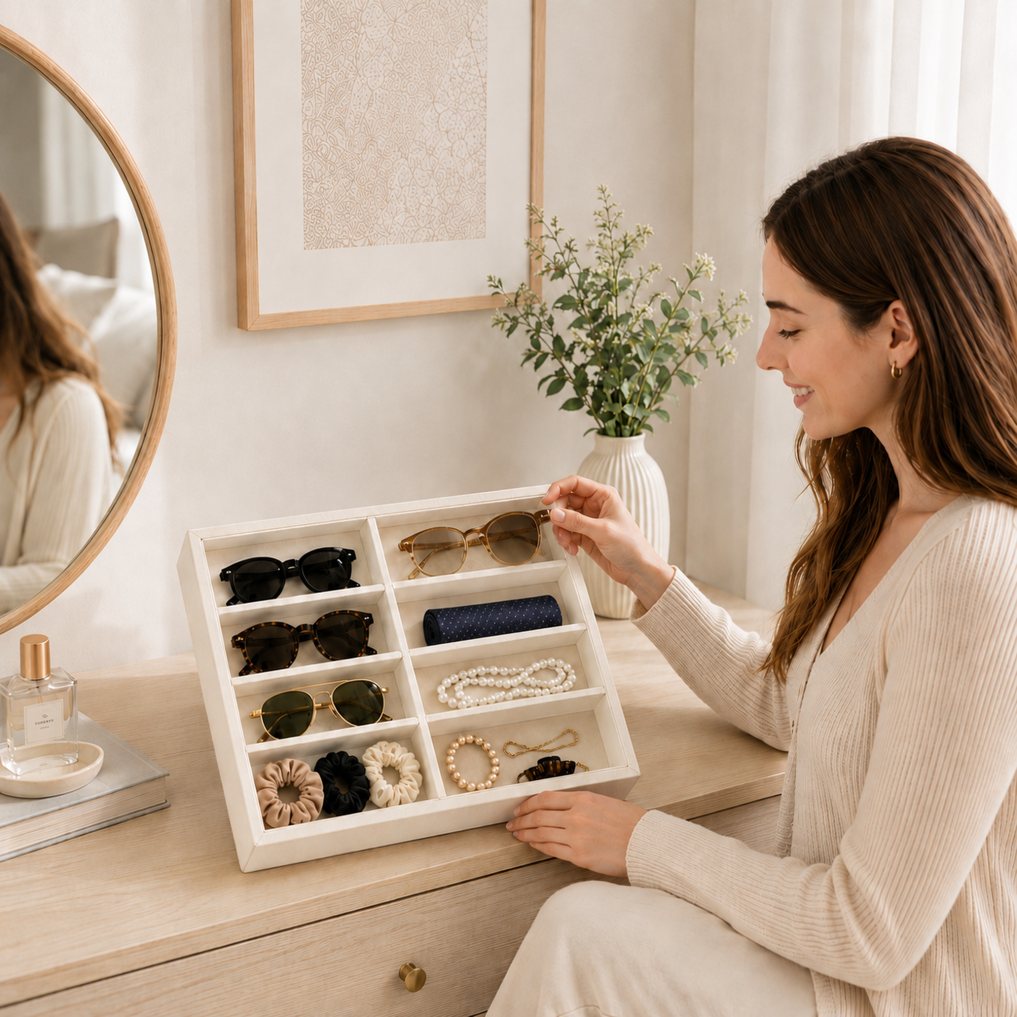 8-Slot Sunglass Organizer Tray, Beige Velvet Glasses Organizer for Drawer, Sunglasses Storage and Eyeglass Storage Display Holder for Jewelry, Dresser or Closet - Image 7
