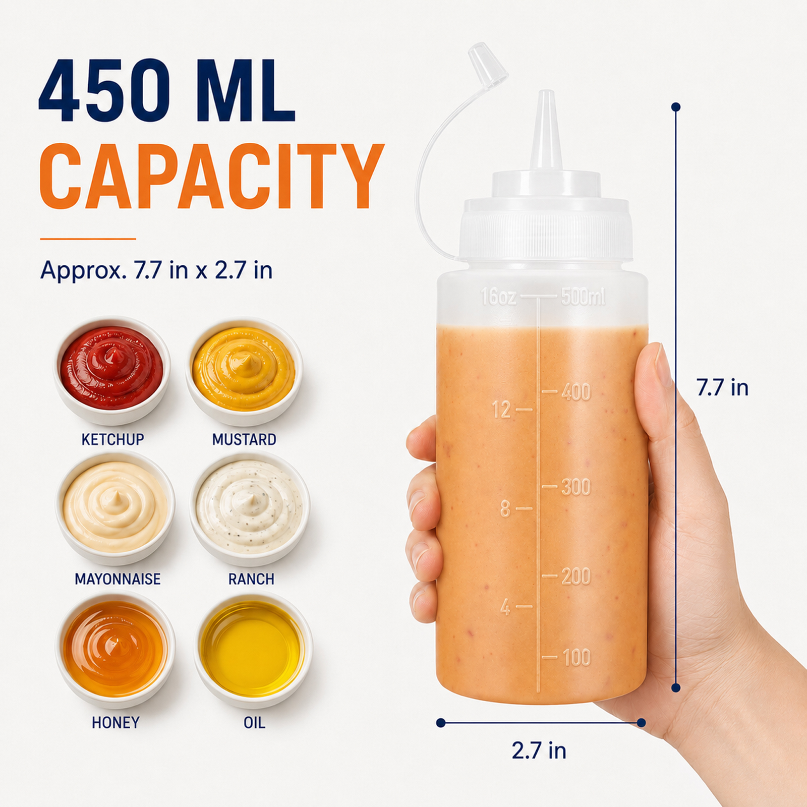 6 Pack 16 oz Condiment Squeeze Bottles for Sauces and Oil, Plastic Sauce Squeeze Bottle for Ketchup, Mustard, Mayo, Pancake Batter and Kitchen Condiments, Translucent - Image 2