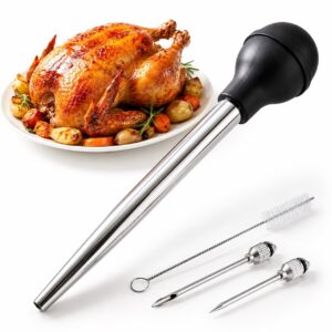 Stainless Steel Turkey Baster, Baster Syringe with Injector Bulb and Brush for Roasting Turkey and Chicken, Meat Injector Tool for Cooking, 1 Set
