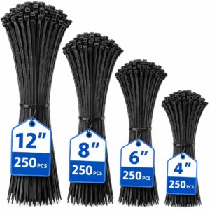 1000-Pack Cable Zip Ties Assorted Sizes 4 6 8 12 Inch, Self-Locking Nylon Zip Ties for Cable Management, Wire Organization, Home, Office, Garden and Garage