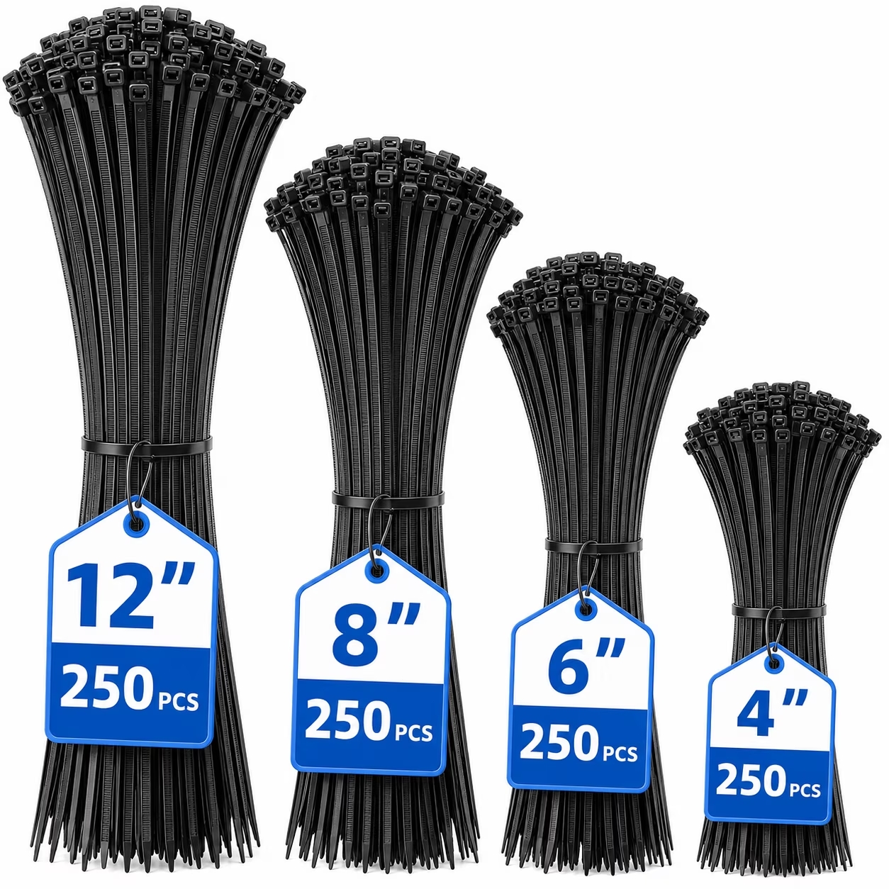 1000-Pack Cable Zip Ties Assorted Sizes 4 6 8 12 Inch, Self-Locking Nylon Zip Ties for Cable Management, Wire Organization, Home, Office, Garden and Garage