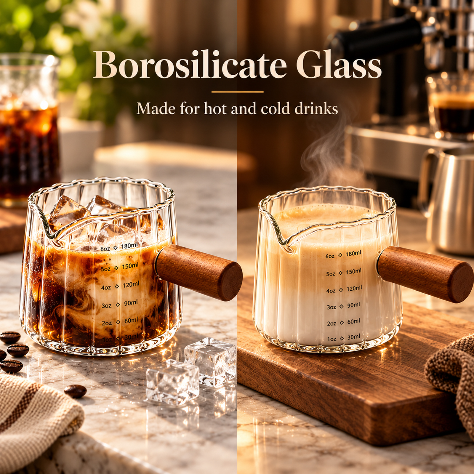 2 Pack Espresso Measuring Cup 6 Oz, Glass Espresso Cup with Wood Handle, Espresso Shot Glass for Coffee Milk Tea, Glass Measuring Cup Milk Frothing Cup for Barista Serving - Image 3