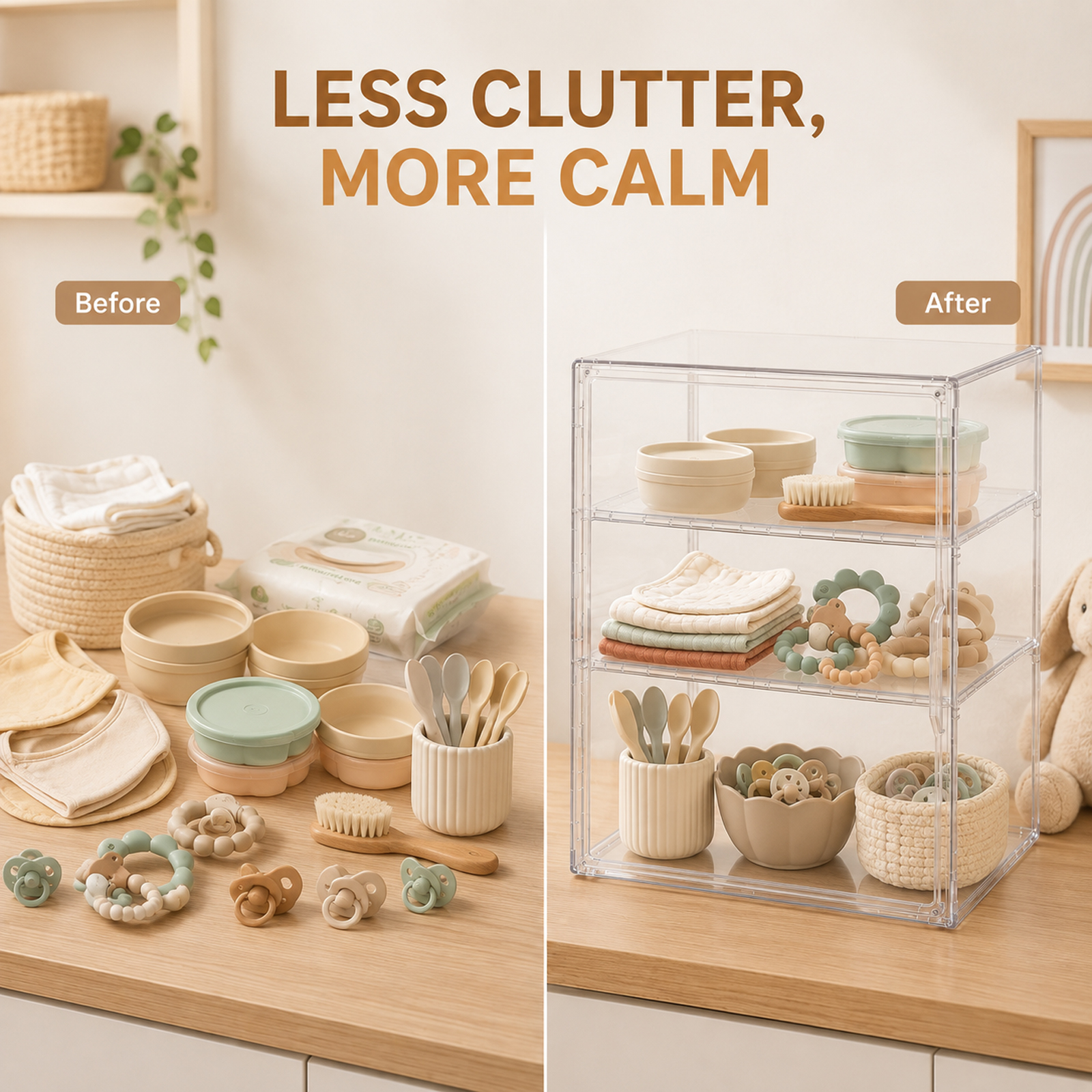Clear Baby Bottle Storage Organizer, 3-Tier Acrylic Countertop Cabinet Organizer with Adjustable Shelves, Removable Dividers and Magnetic Door - Image 3